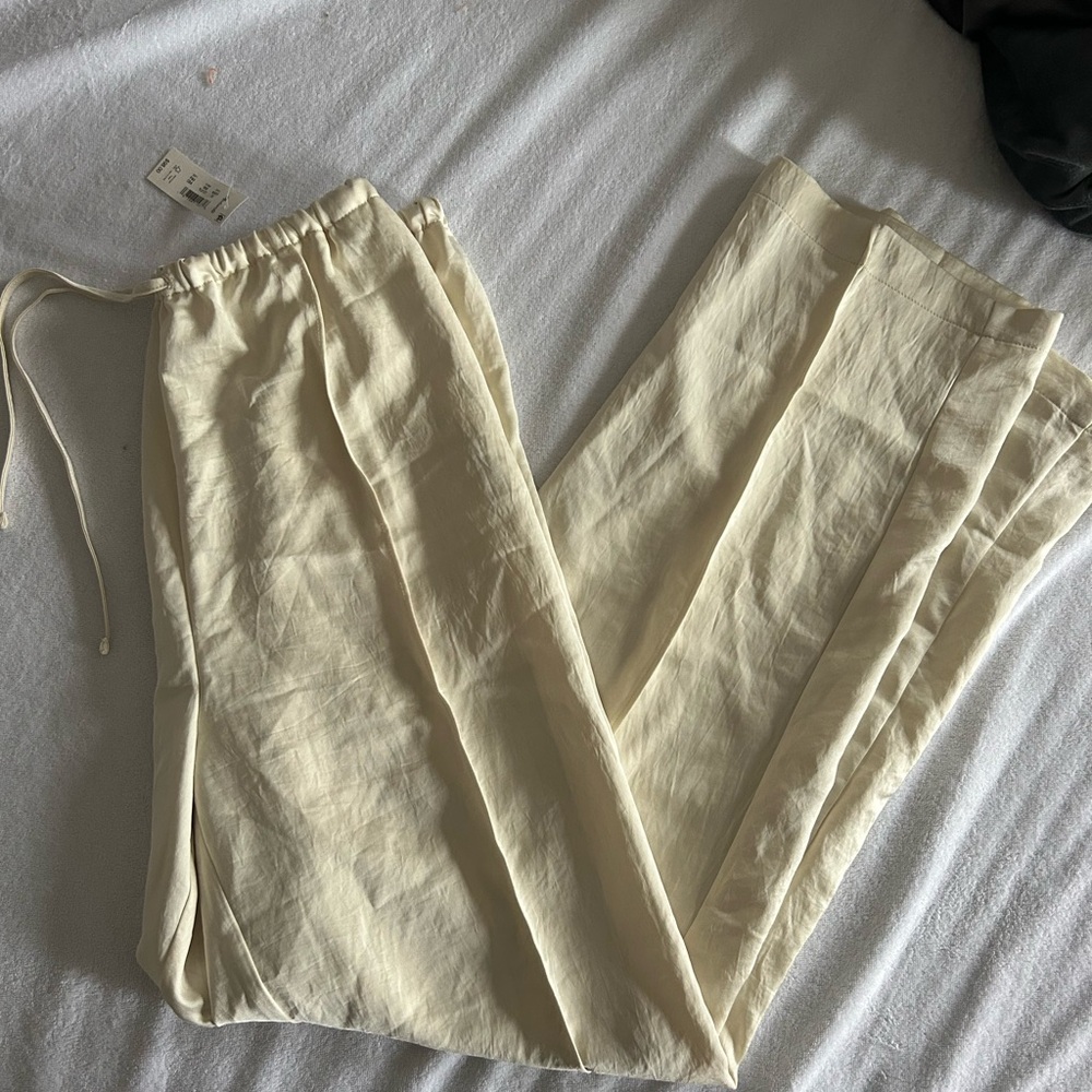 Madewell Cream Satin Wide-Leg Drawstring Pants